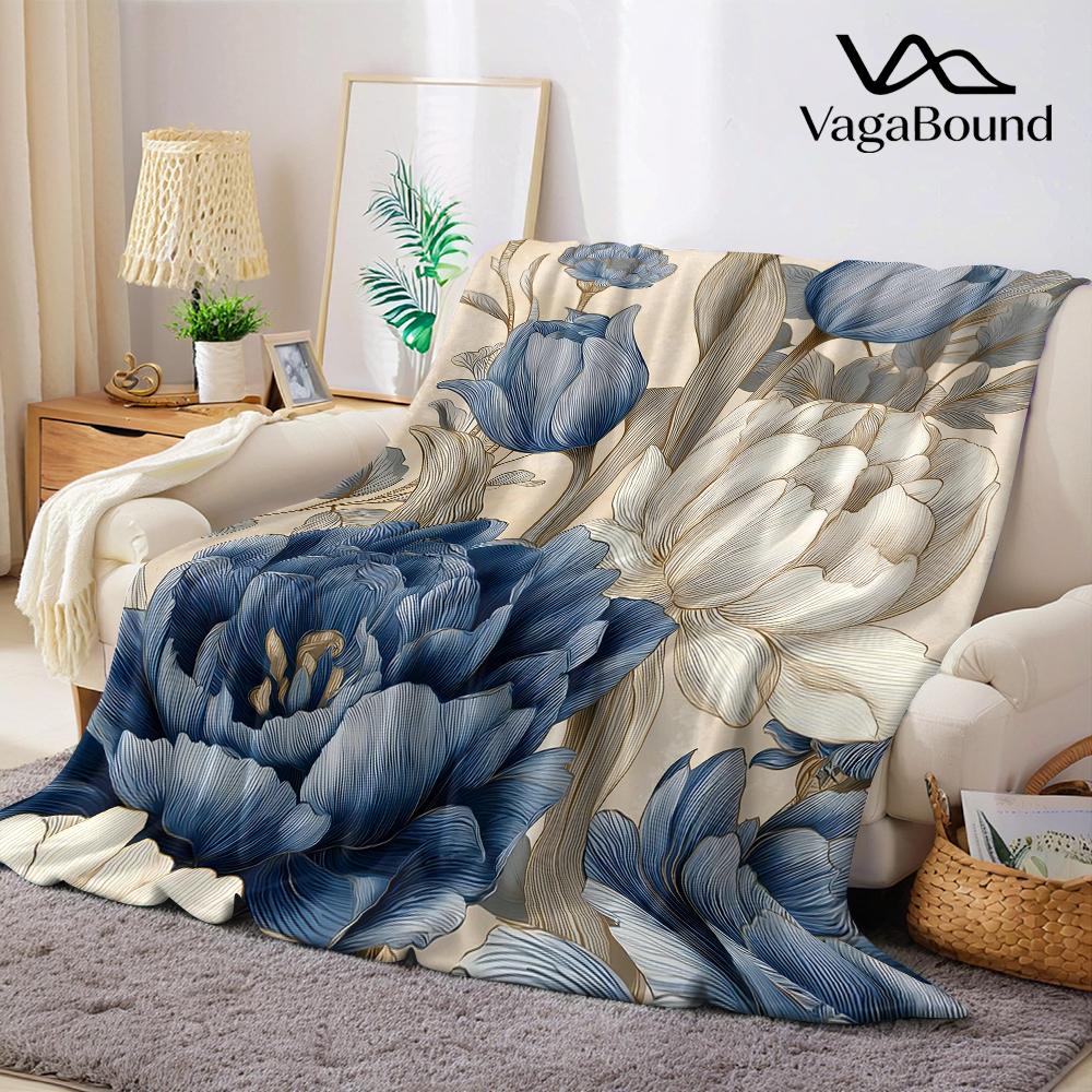 Vintage Blue Tulip Flannel Blanket Warm Soft Halloween Christmas Couch Warm Cozy Decorative Decor Gift for All Season