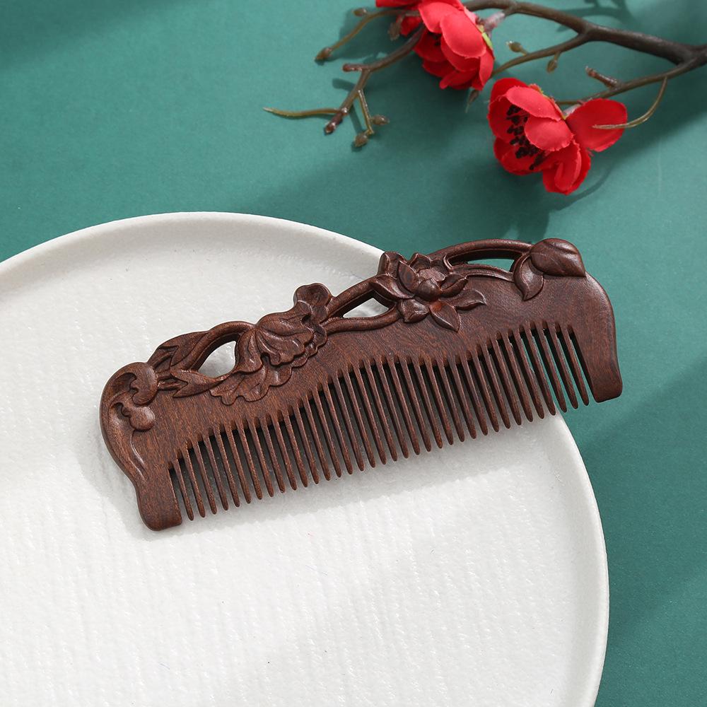 Natural Green Sandalwood Comb Gift Set with Embossed Carving for Scalp Massage
