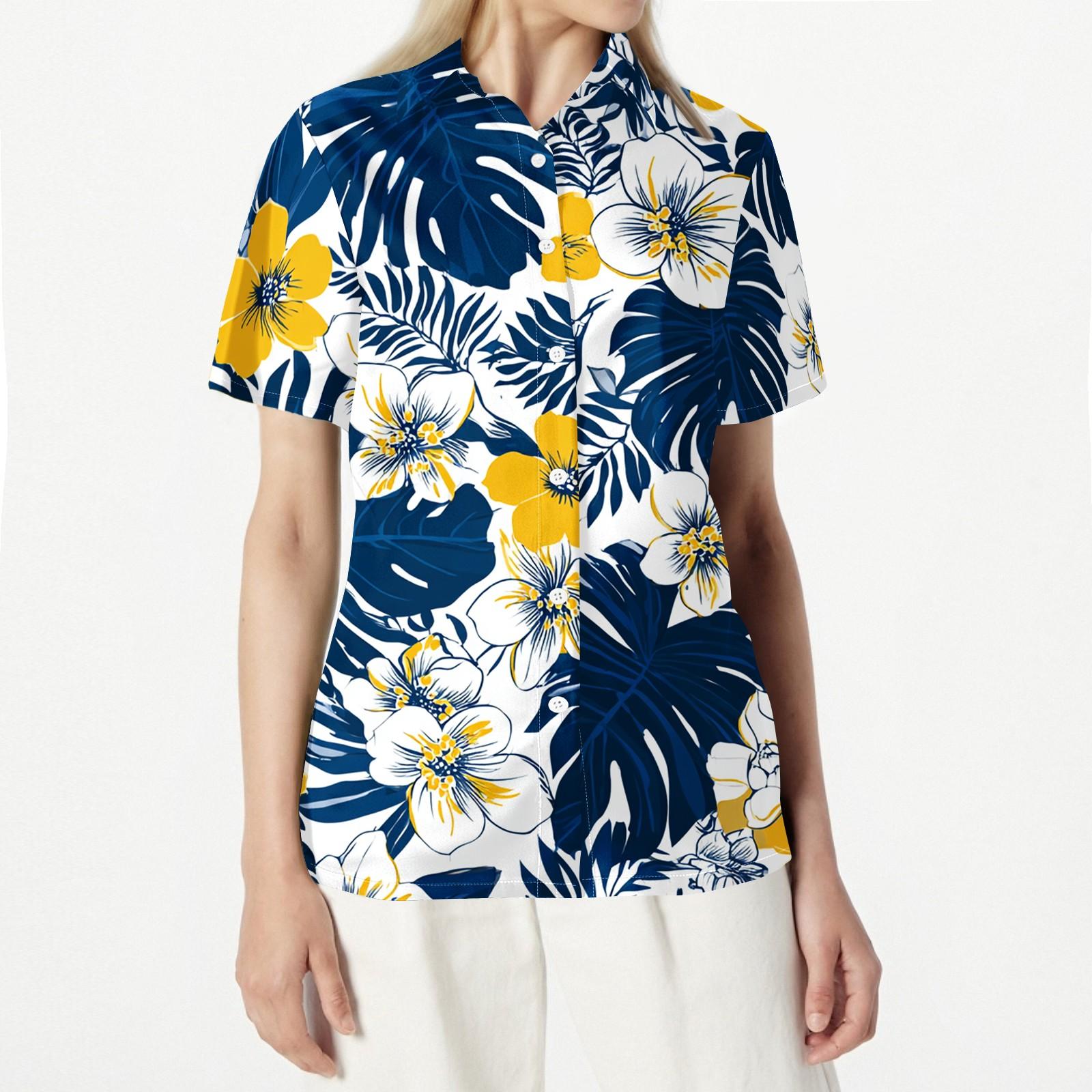 Womens Casual Hawaiian Print Short Sleeve Button Down Shirt Collar Blouse Lightweight Summer Vacation Tops S