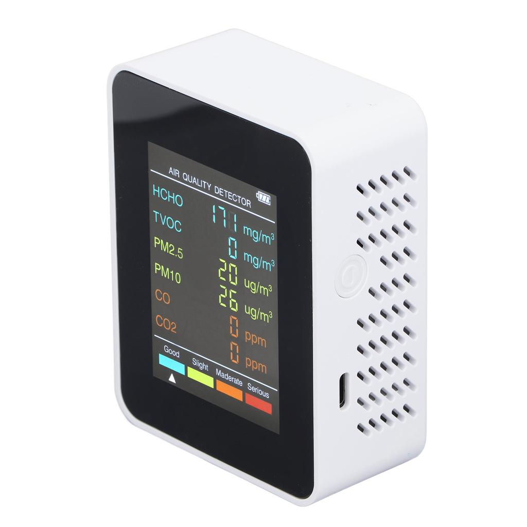 Air Quality Monitor Portable LCD Backlight Screen CO2 TVOC HCHO PM2.5 PM10 Detector with Alarm White