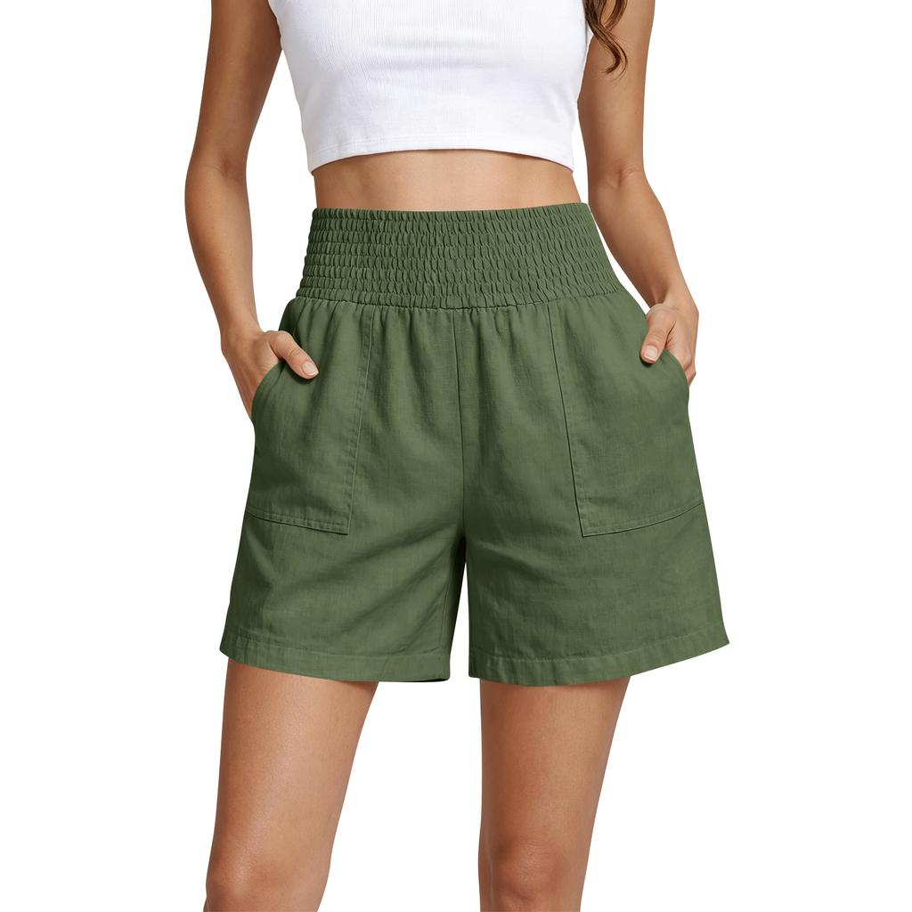 High Waist Elastic Waistband Casual Shorts for Women Loose Fit Cotton Summer Shorts with Pockets Lightweight Design