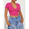 Women Sexy Deep V Neck Cropped Short Sleeve Slim Fit Casual Sports T Shirt
