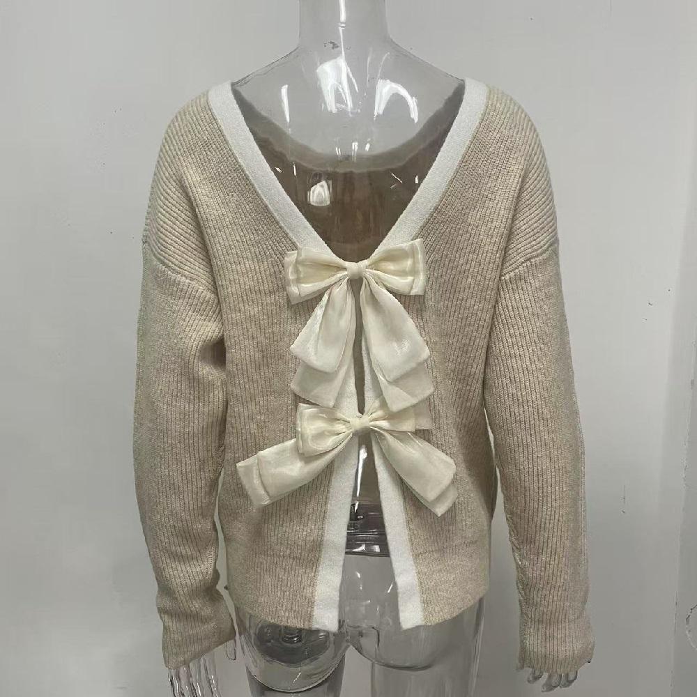 Pulovere de Toamnă Iarnă pentru Femei, Pulovere, Modă, Decorațiune cu Fundă la Spate, Gât O, Mânecă Lungă, Tricotate, Topuri