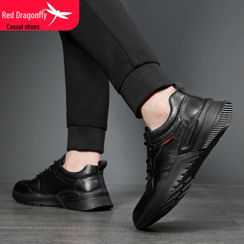 Red Dragonfly Men's Casual Waterproof Leather Sports Shoes for Autumn and Spring
