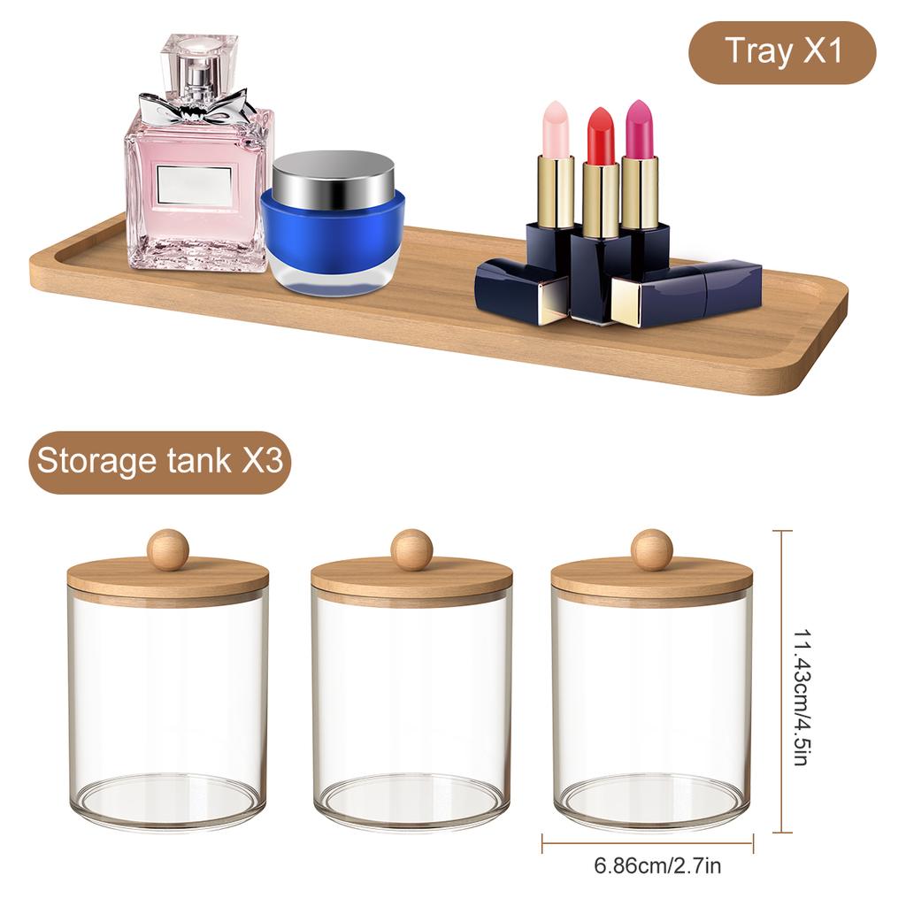 3Pcs Holder Dispenser with Bamboo Lids Clear Acrylic Bathroom Jars with Tray Cotton Swab Storage Dispenser Reusable