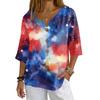 Women's V-Neck Button Three-Quarter Sleeve Casual Independence Day Print Pullover T-Shirt