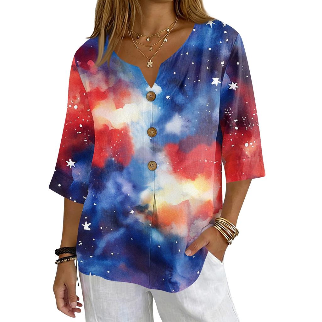 Women's V-Neck Button Three-Quarter Sleeve Casual Independence Day Print Pullover T-Shirt
