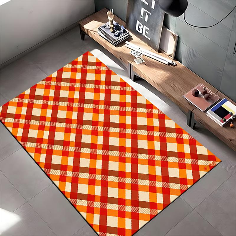 Plaid Pattern Carpet for Living Room, Red Orange and Beige Design Suitable for Use As an Anti-slip for Living Room Bedroom Sofas