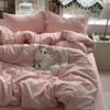 Girl'S Heart Powder Washed Cotton ThreeDimensional Embroidery Cat FourPiece Set Quilt Cover Bed Sheet Dormitory ThreePiece Bedding