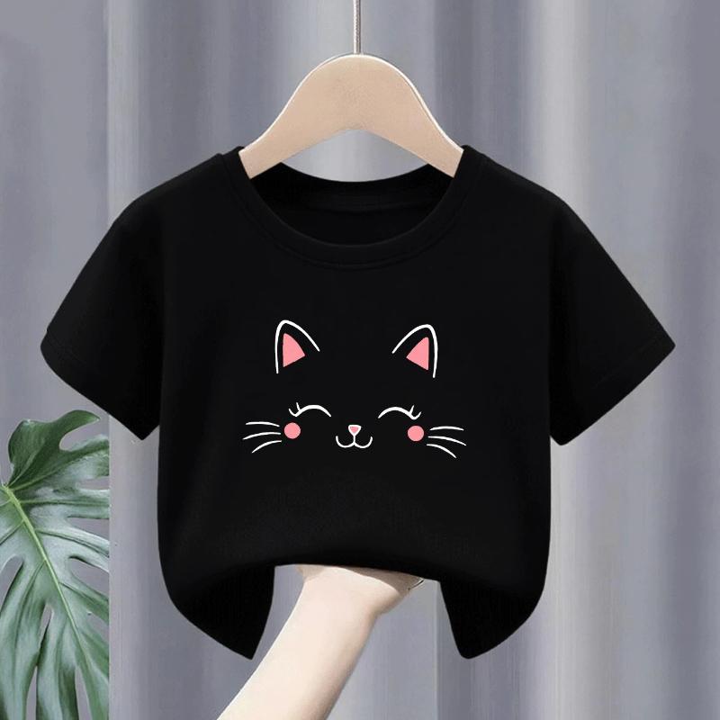 

Women s Short Sleeved Round Neck Cotton T-shirt, Cute Cat Print, Pure Cotton Knitted Top, Breathable 100 чёрный