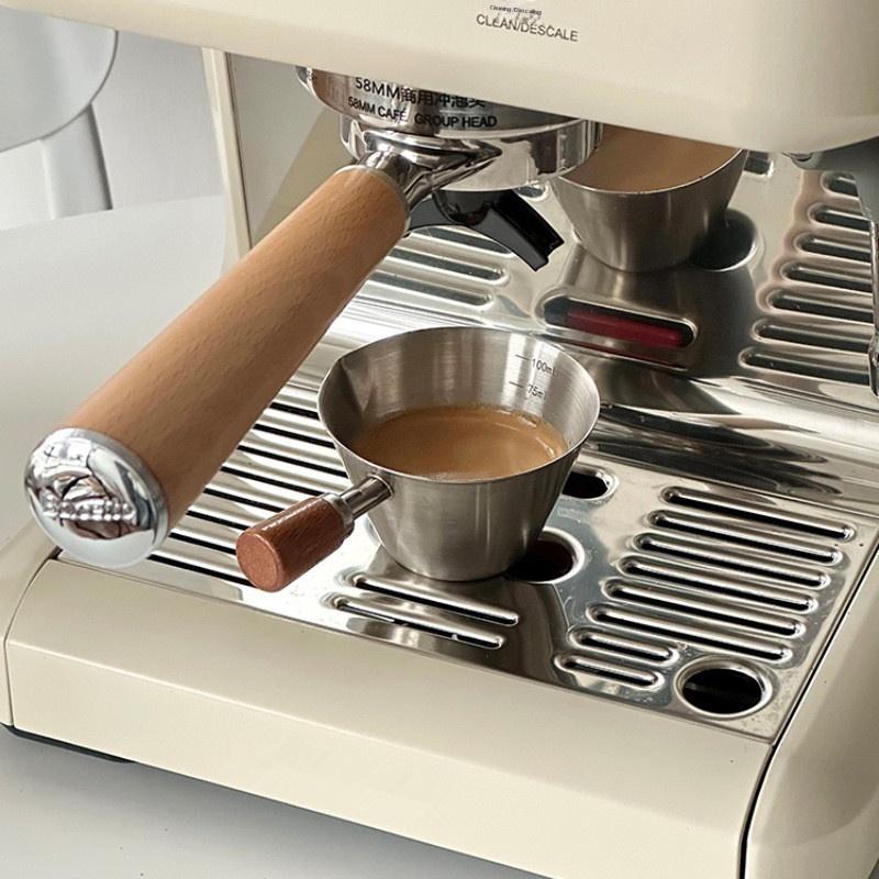 Stainless Steel Espresso Shot Glass with Walnut Handle Graduated Coffee Measuring Cup 2 Oz Liquid Volume Markings Barista Tool