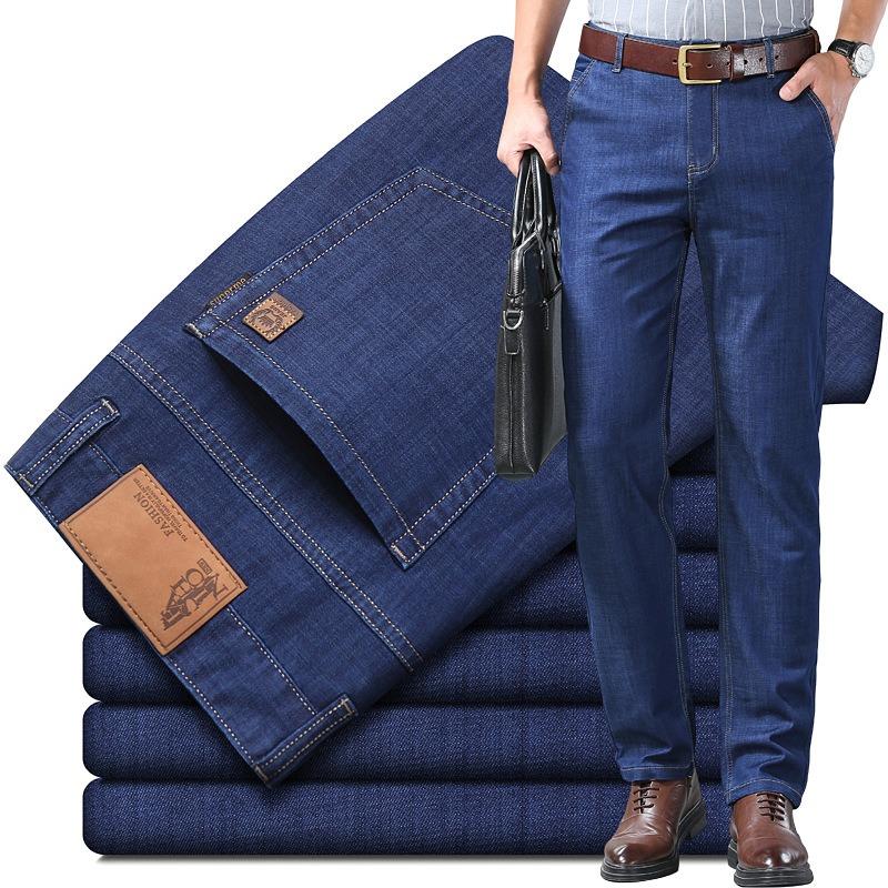 2026 Spring Summer Brand Men's Fit Straight Lightweight Cotton Stretch Denim Business Casual High Waist Thin Light Grey Jeans