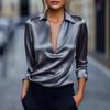 2026 New Casual Deep V Neck Long Sleeve Office Blouse Women's Wrap Loose Sexy Shirt Elegant Solid Color Lady Simple Shiny Top Clothes