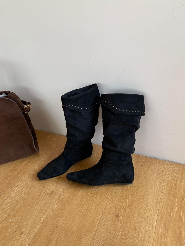 2025 Winter New Suede Inner Heightening Knight Boots Long Tube Thin Boots Rivet Boots Children's Pleated Stacking Boots