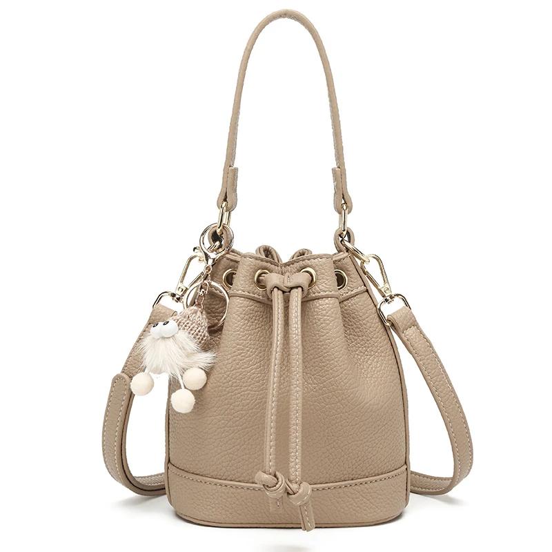 Solid PU Sweet Advanced Sense Niche Design Bucket Bag Casual Large Capacity Versatile Drawstring Women's Handbags