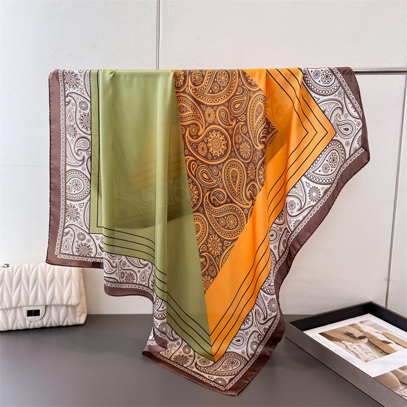 European And American Cashew Nut Color Matching Satin Simulation Silk Printing Large Square Scarf Silk Scarf Shawl Headscarf Neck Protection Scarf