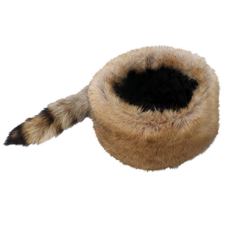 Women's Striped Raccoon Tail Faux Fur Hat - Fluffy, Warm, Ear Protection for Autumn/Winter