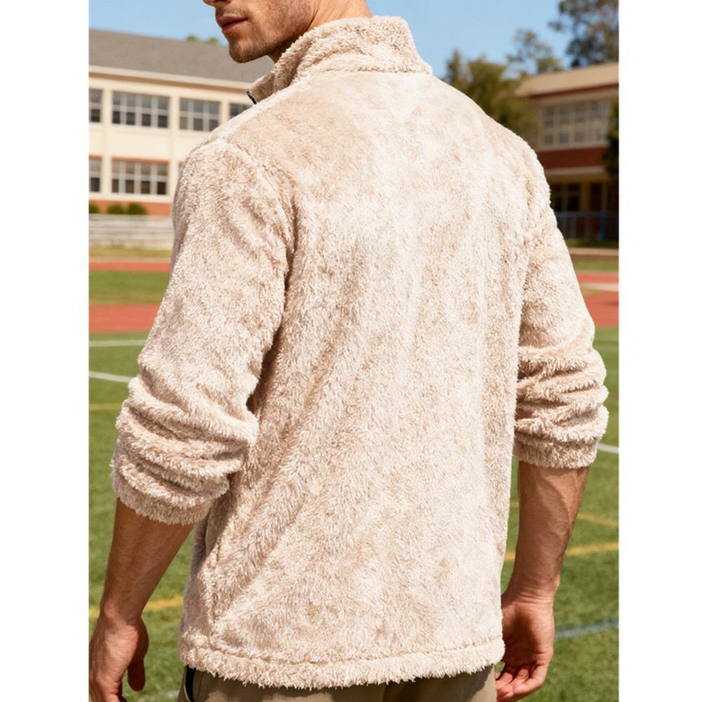 Herren Polarfleecejacke für Winter Einfarbig Stehkragen Langarm Reißverschlussfliege Mantel Lockere Passform Herren Oberbekleidung mit Taschen