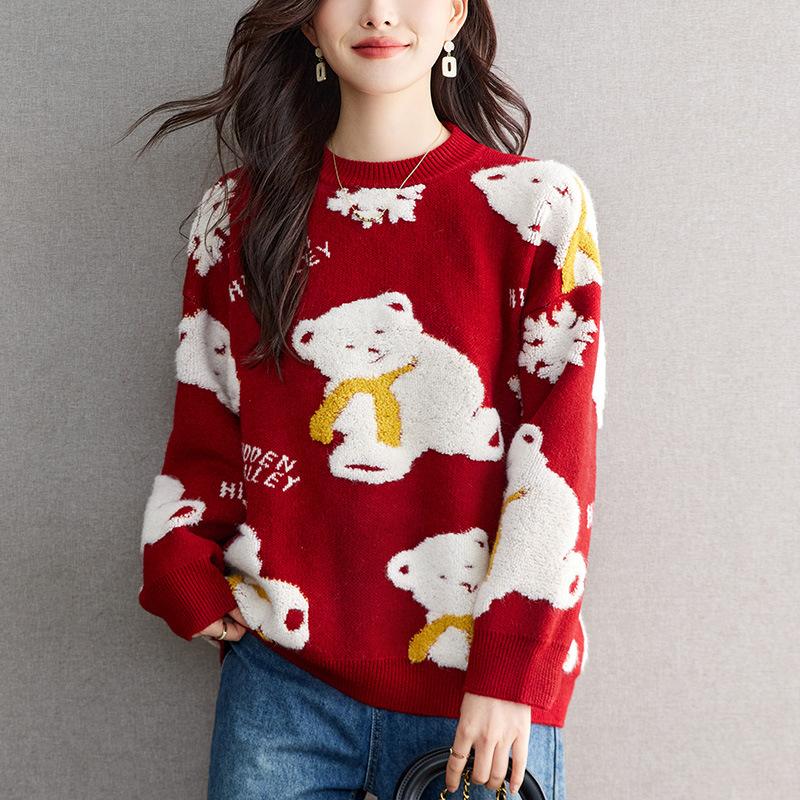 New Red Bear Letter Sweater for Women Round Neck Loose Lazy Pullover Knitted Sweater