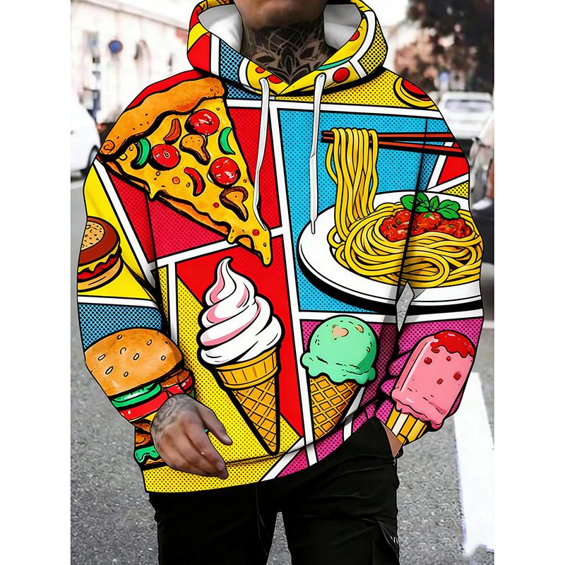 3D Print Hamburgers Pizza Fried Chicken Pattern Hoodie Food Festival Street Personality Hooded Coat Men's Unique Funny Hoodies