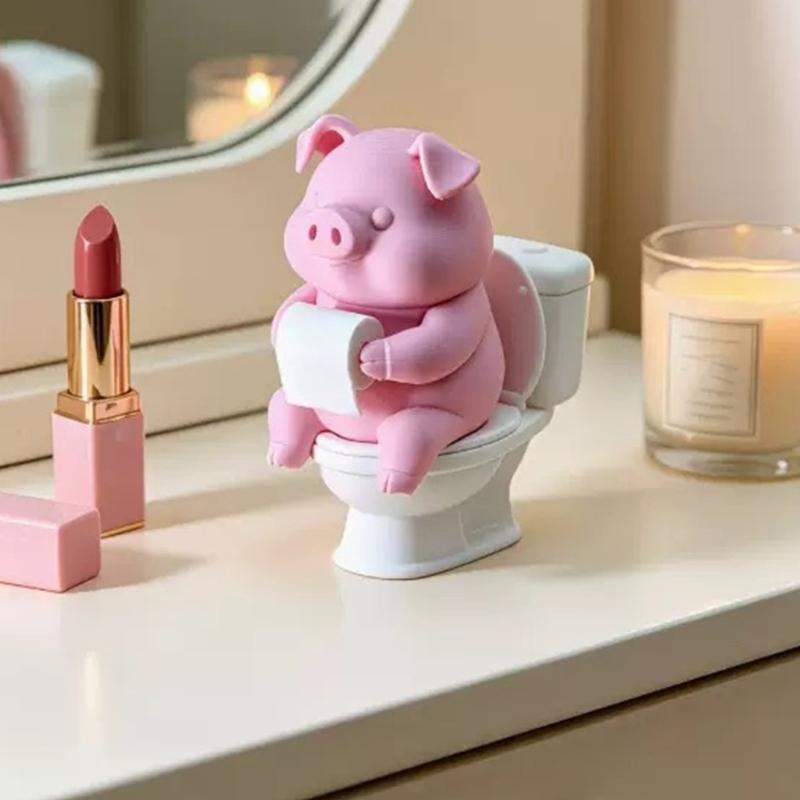 Funny Shelf Decors Pig On Toilet Figurine, 3D Printed Small Bathroom Counter Accent for Sink Area Styling, Desk Display, Bookshelf Decors, and Space