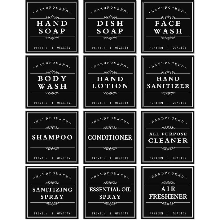 White Waterproof Soap Labels for Plastic/Glass Bottles, Bathroom/Kitchen Hand Soap Dispenser Label Stickers, Removable Cleaning Bottle Labels for