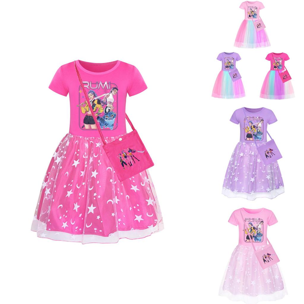 Kpop Demon Hunters Pattern Girl Dress With Cotton Fabric And Pleated Skirt For Kids Girls