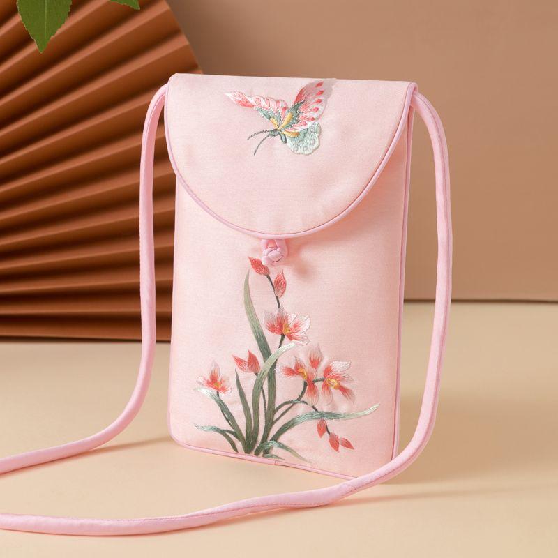 

Chinese Style Shoulder Messenger Bag Mobile Phone Bag Embroider Orchid Pink