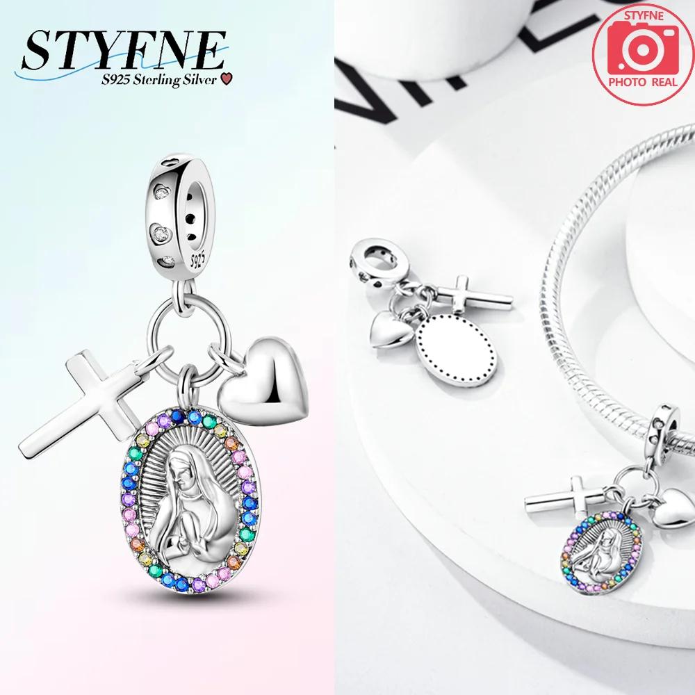 

925 Silver Charms Zircon Cross The Virgin Mary Beads Pendant Fit Bracelet for Women Jewelry Making