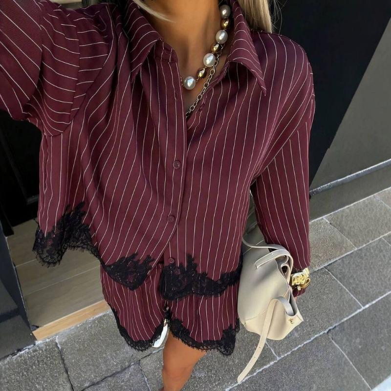 Women Lace Splicing Striped Long Sleeve Shirt And Drawstring Shorts Two Piece Set