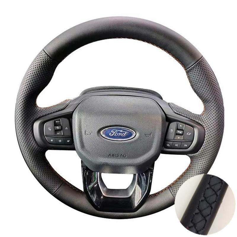 Perforated Leather Cover Hand Sewing Car Steering Wheel Cover Trim Black For Ford Ranger Everest -2024