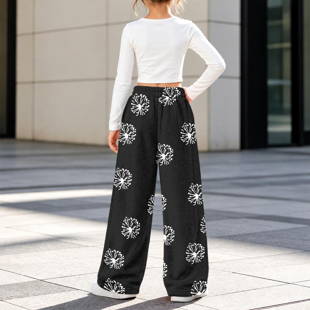 Girls' Flannel Printed Pants, Warm Loose Fit Casual Trousers for Fall and Winter