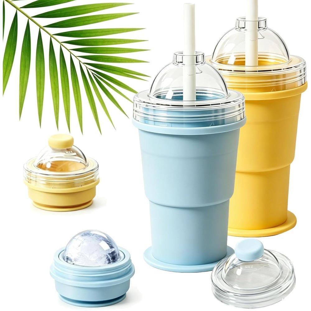 Foldable Silicone Hockey Puck Making Cup, a 2-in-1 Portable Hockey Puck Mold and Reusable Travel Drinking Cup with Straw.