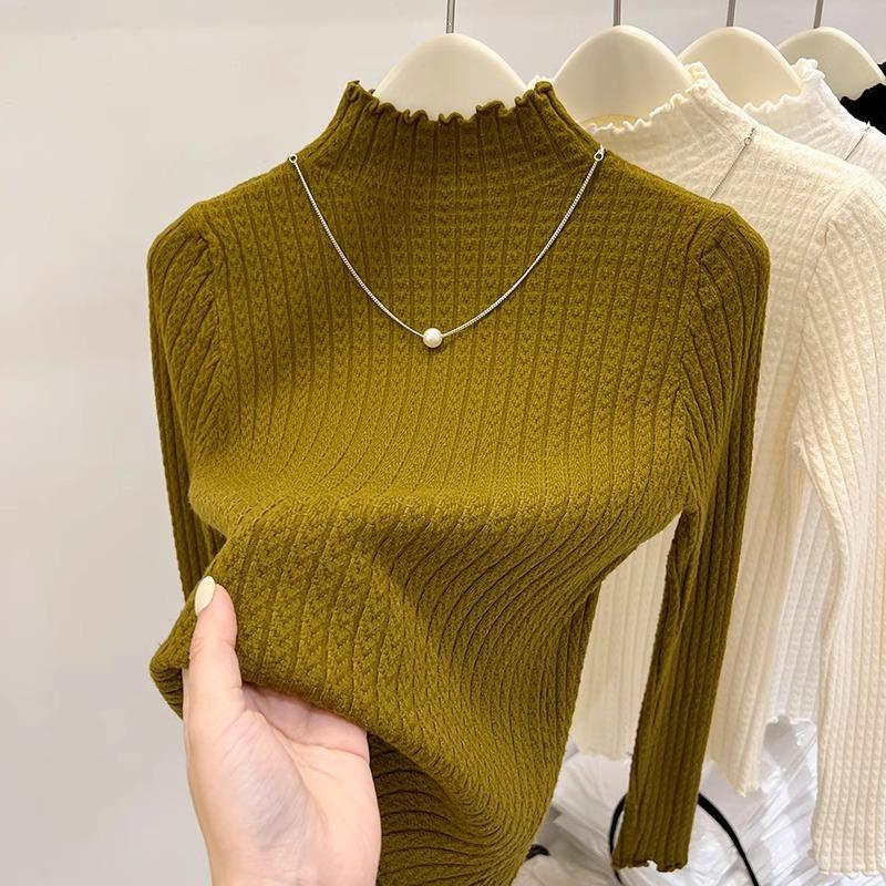 Autumn Winter Semi Turtleneck Knitted Pullover Women Sweater Casual Simple Bottoming Shirt Office Basic Pleated Solid Color Tops New Woman Clothing