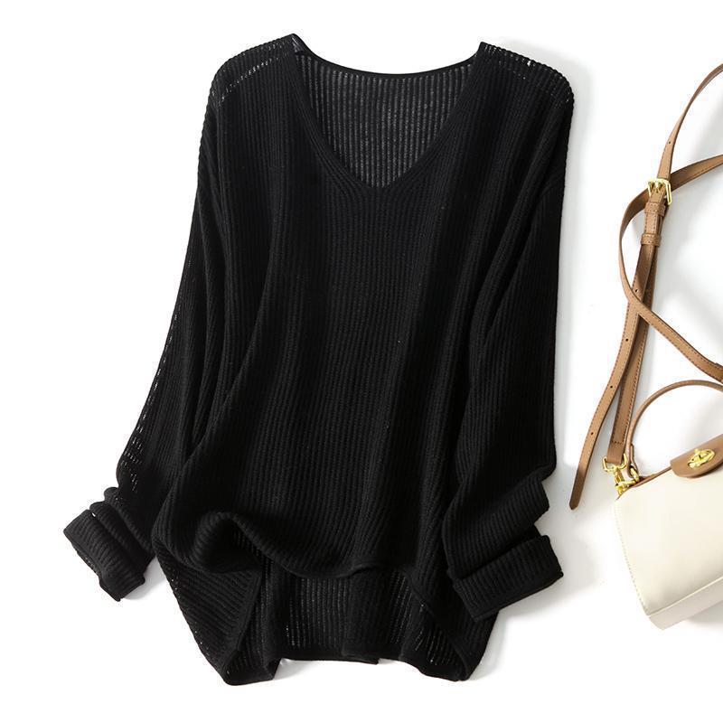 Women's Autumn Winter New Hollow Out Knitwear Solid Color Minimalist Loose Versatile Slim Fit Long Sleeve Sweater Base Layer Top