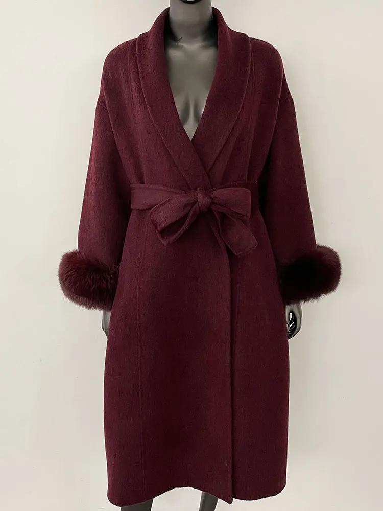 OFTBUY Oversize Loose Autumn Winter Women Coat Real Natural Fox Fur V-neck Woolen Blends Jacket Thick Warm Casual New Overwears