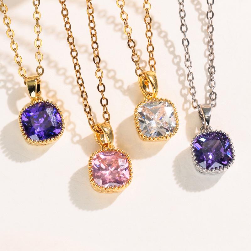 Geometric Copper Necklace with Inlaid Cubic Zirconia Square Pendant - Elegant Women's Jewelry.