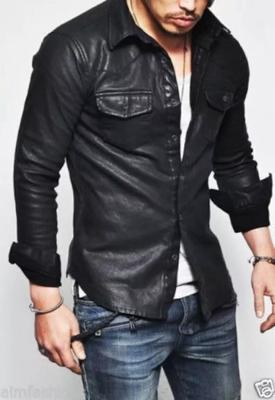 Real Lambskin Leather Handmade Men's Shirt Stylish Casual BLACK Biker Motorcycle