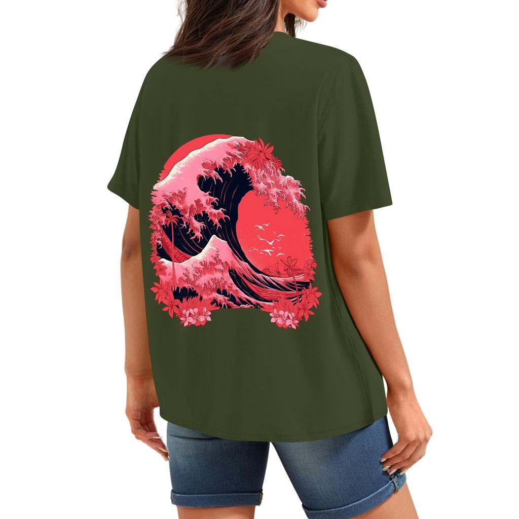 T-shirt à manches courtes et col rond plissé pour femme, imprimé décontracté