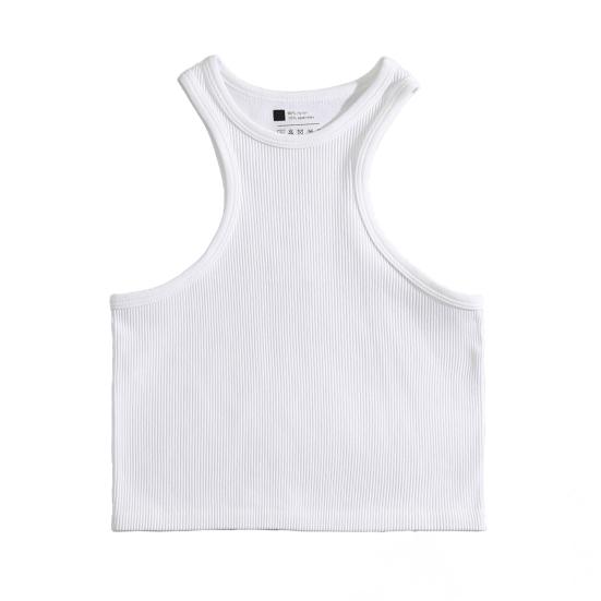 Women Running Vest O-Neck Sleeveless Short Tank Tops Solid Color Ribbed Elastic Fitting Quick Drying Racer Back Vest