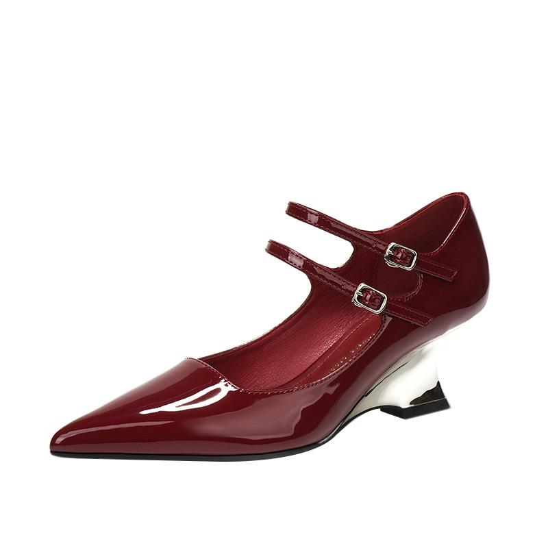 Wedge heel sheepskin single shoes women's pointed head temperament one-word buckle belt Mary Jane shoes high heels spring and autumn