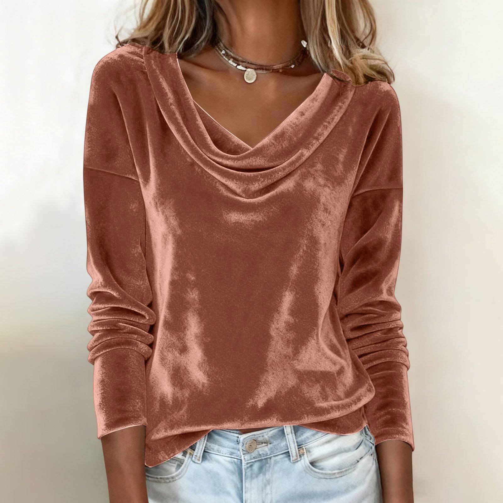 

Women’s Long Sleeve Velvet Cowl Neck Top Soft Pullover Blouse Relaxed Fit Casual Lightweight Shirt for Daily Wear S хакі