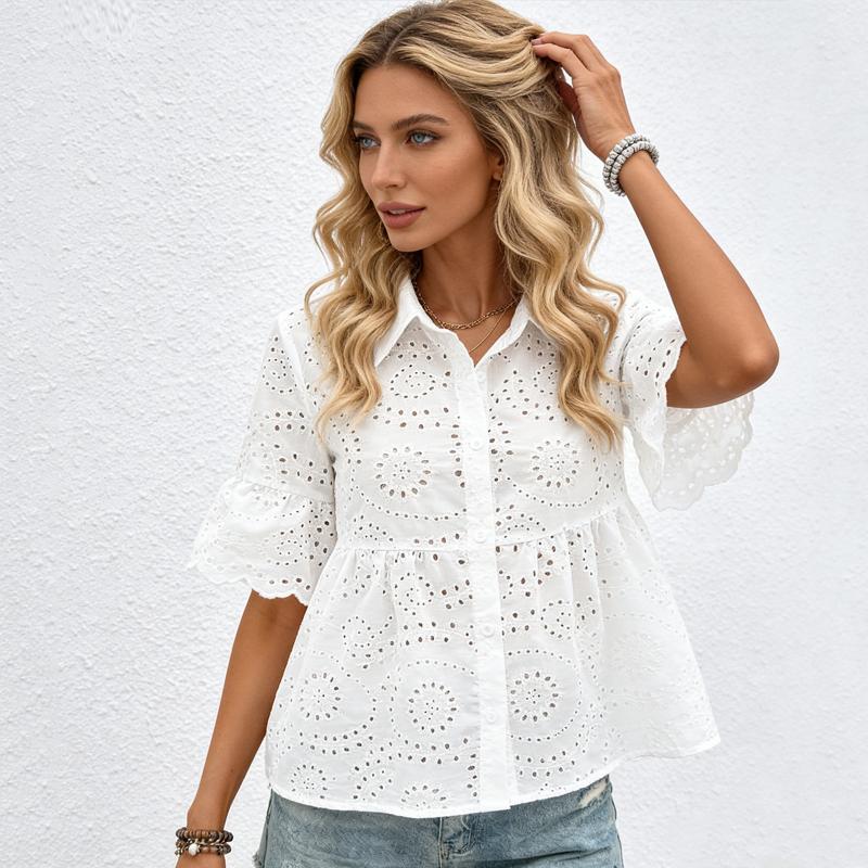 White Lace Women's Blouse Summer New Lapel Hollow-out Embroidery Loose Women's Short Sleeve Women's Shirt Fashion Vintage Casual Office Ladies Tops
