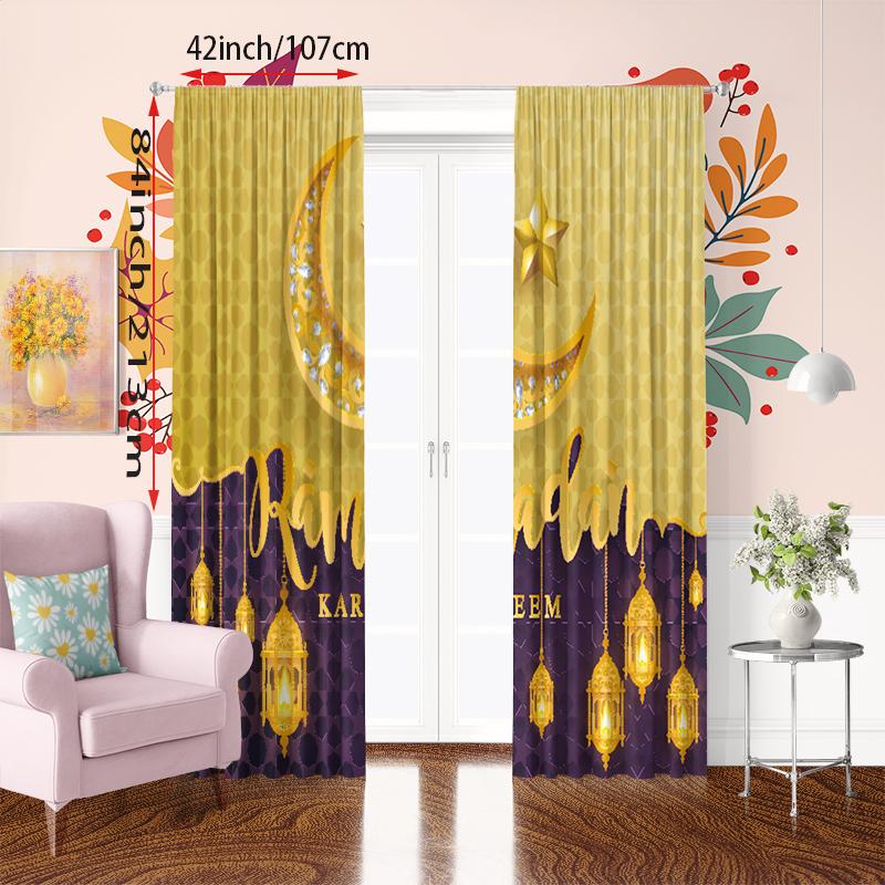 2PCS Golden Ramadan Auspicious (Lantern - Moon) Ramadan Printing Curtain Polyester Material Suitable for Bedroom Living Room,