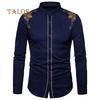 TALOS Men Clothing Embroidery Flower Button Stand Collar Long Sleeve Shirt Blouse Top