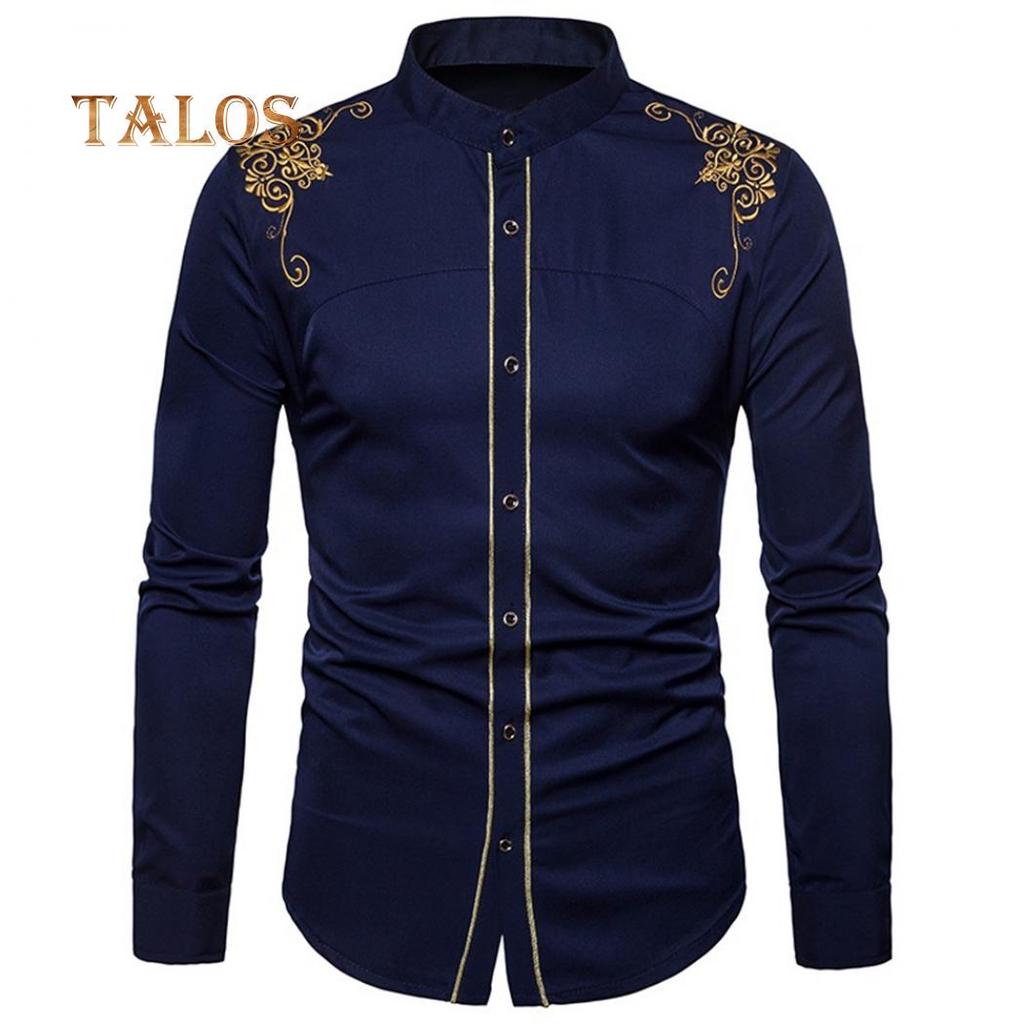 TALOS Men Clothing Embroidery Flower Button Stand Collar Long Sleeve Shirt Blouse Top