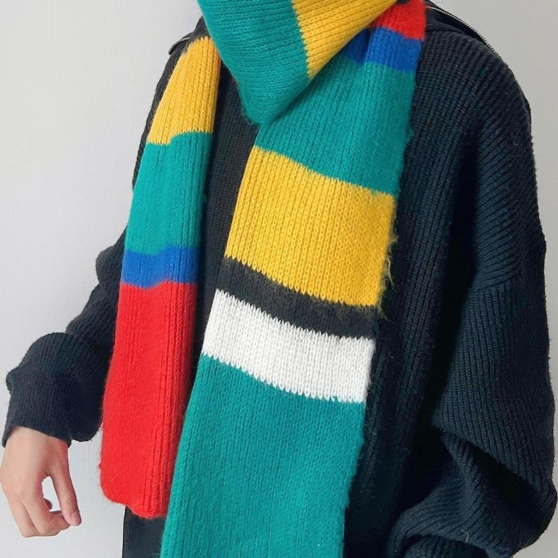 Autumn and Winter New Block Rainbow-colored Knitted Scarf Fashion Warm Scarf Versatile Scarf Dual-purpose