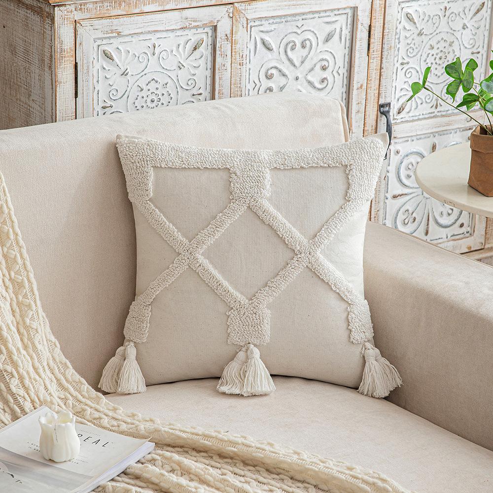 Wasabi Tufted Pillow Case Geometric Embroidered Tassel Sofa Cushion Case Bohemian Bathroom Windows Pillow Premium