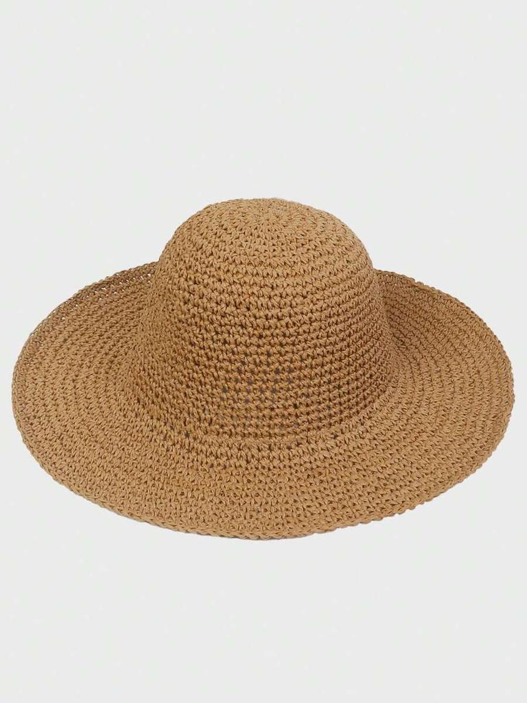 Womens Crochet Wide Brim Foldable Straw Hat For Beach Summer Vacation