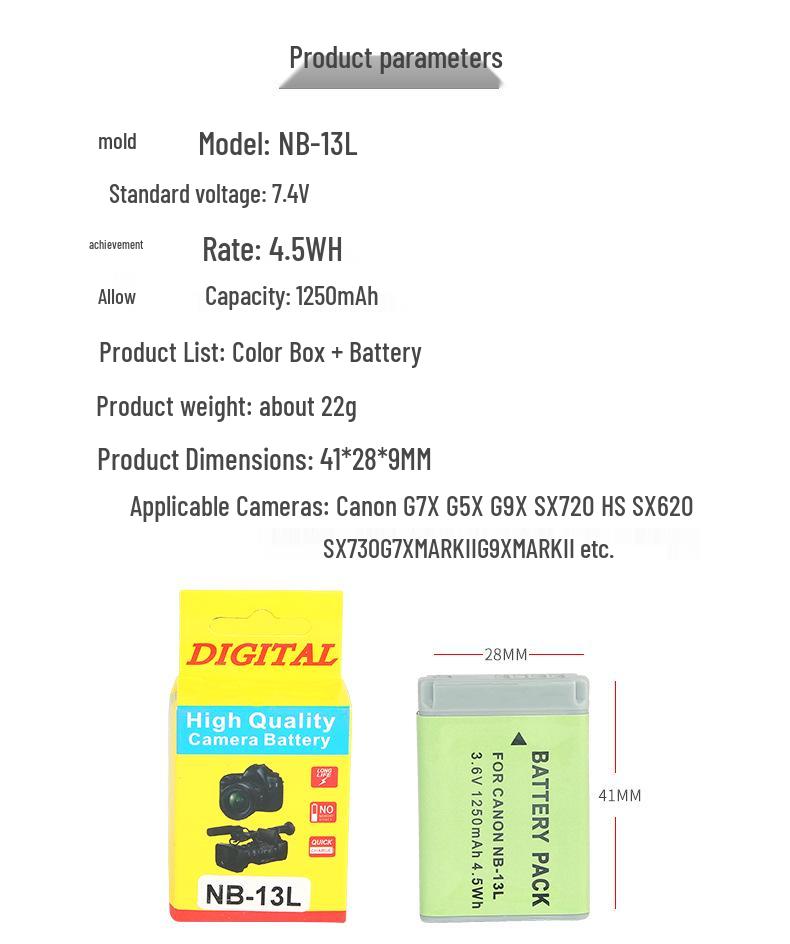 Canon-Compatible NB-13L Camera Battery for G7X Mark III/II, G9X, G5X, SX720HS, SX620, SX730